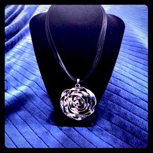 Romantic Goth Silver Tone Rose‎ and Faux Black Leather Choker Necklace
